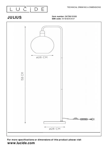 Lucide JULIUS - Vloerlamp - Ø 28 cm - 1xE27 - Fumé - technisch